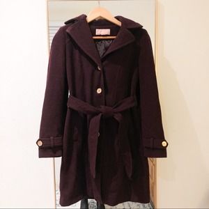 Michael Kors Burgundy Tie Waist Wool Blend Coat XS